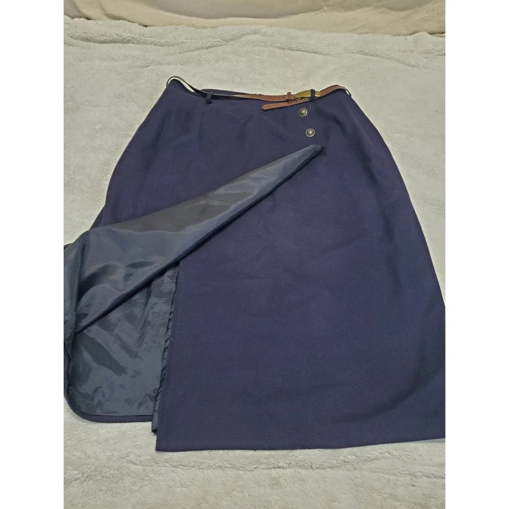 Vintage Navy Blue Wool A Line Wrap Belted Skirt 20W Academia Twee Office Classic - Picture 2 of 9